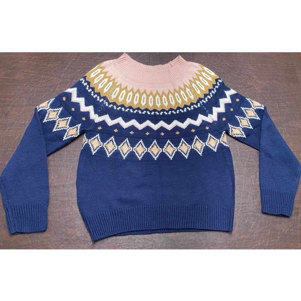 Fair Isle Knit Sweater Women’s Med Navy Gold Sparkle Pink White Winter‎ Crewneck